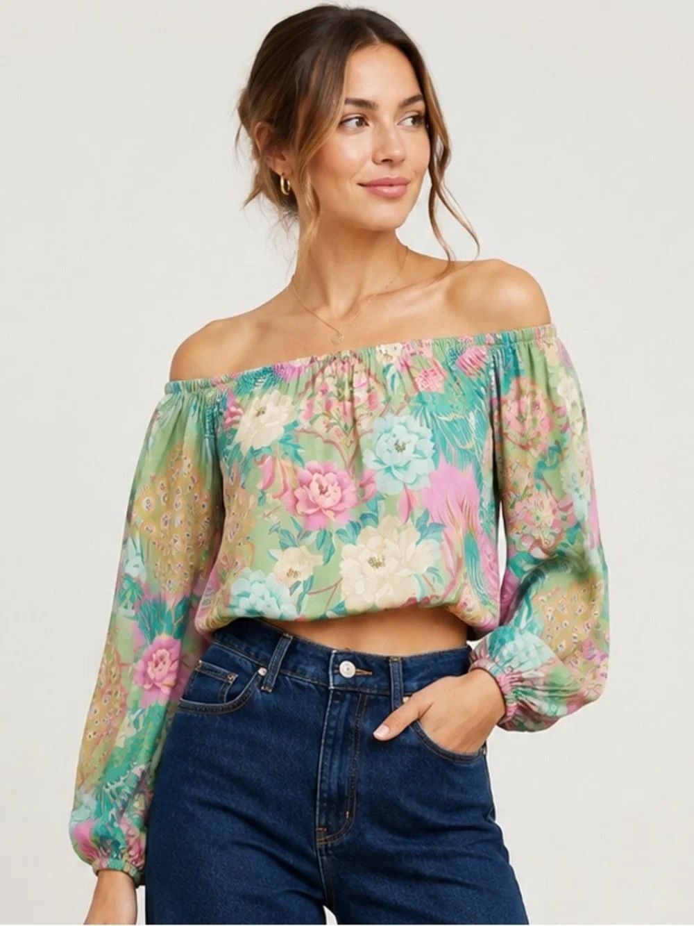 Spell & The Gypsy Collective Peacock Floral Off Shoulder Crop Top Medium
